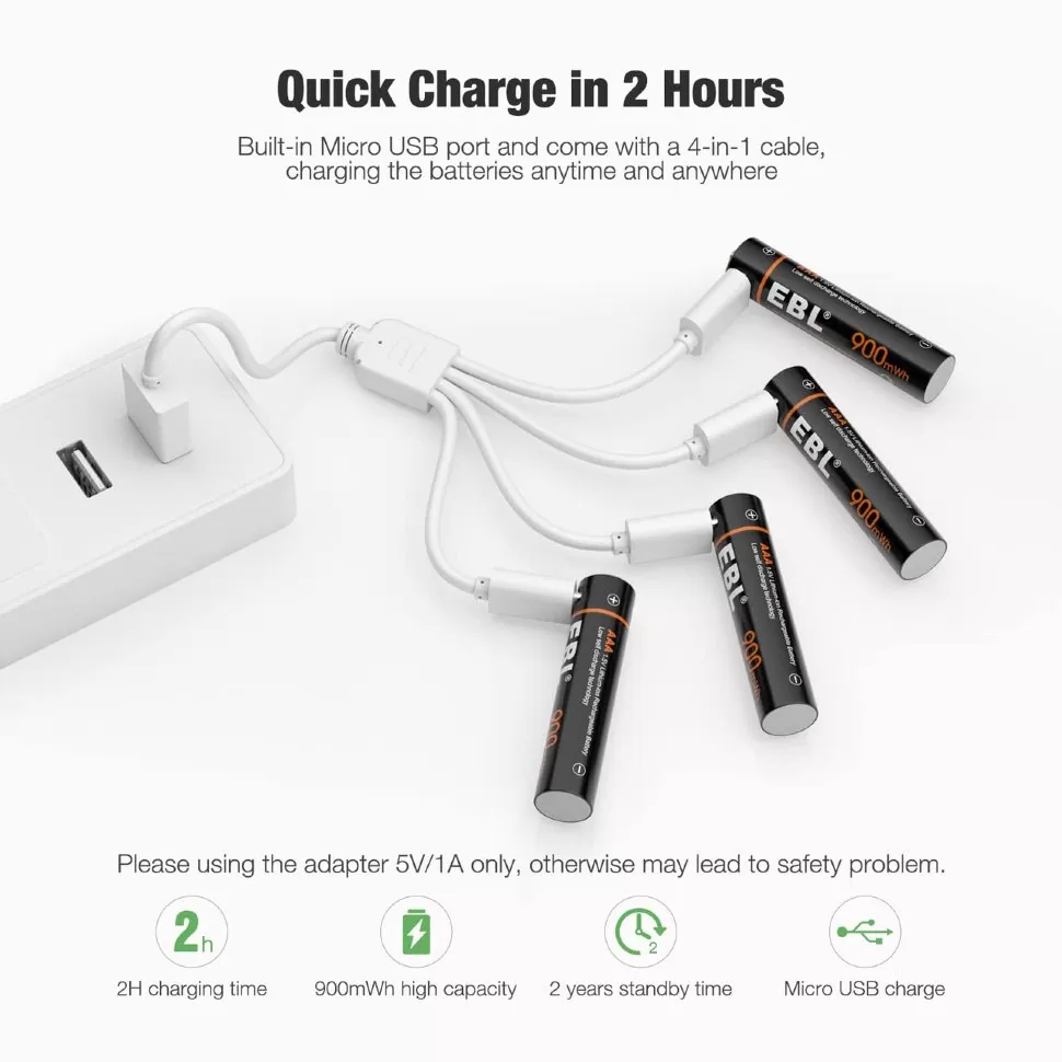 Комплект аккумуляторных батарей EBL USB Rechargeable AAA 1.5V 900mwh (4шт + зарядный кабель) TB-1444