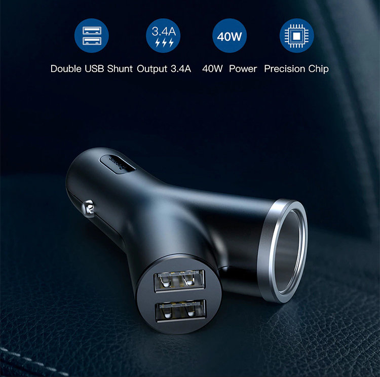 Автомобильная зарядка двойная Baseus Y-Type Dual USB Чёрная CCALL-YX01 - фото 2