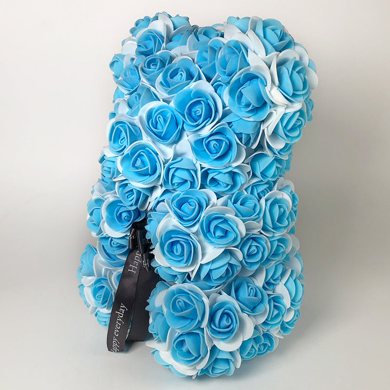 Мишка из роз с бантиком 25 см Бело-голубой - фото 2