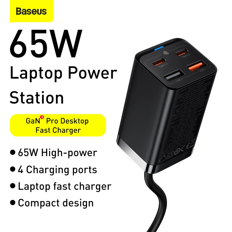 Сетевой адаптер Baseus GaN3 Pro 65W Чёрный (+ кабель Type-C 100W 1м) CCGP040101 - фото 9