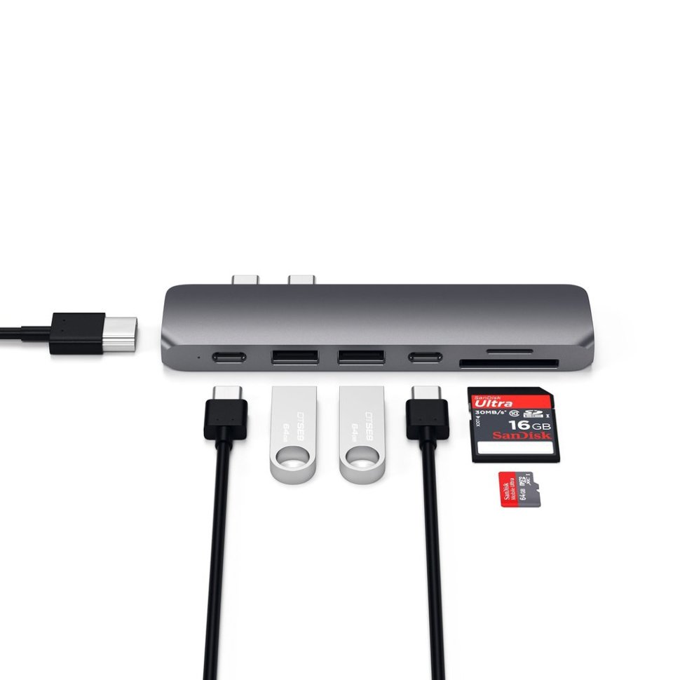 Хаб Satechi Aluminum Pro Hub для Macbook Pro (HDMI, Type-C Thunderbolt 3, SD, microSD, 2 x USB 3.0) Серебро ST-CMBPS - фото 8