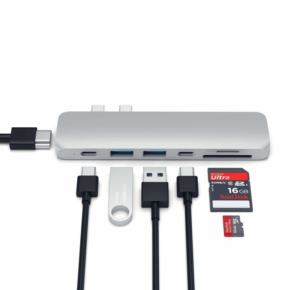 Хаб Satechi Aluminum Pro Hub для Macbook Pro (HDMI, Type-C Thunderbolt 3, SD, microSD, 2 x USB 3.0) Серебро ST-CMBPS - фото 2
