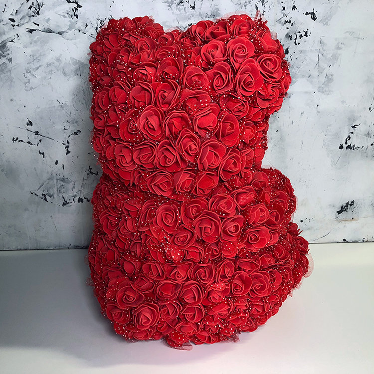 Мишка из роз с белым сердцем 40 см Красный - фото 2