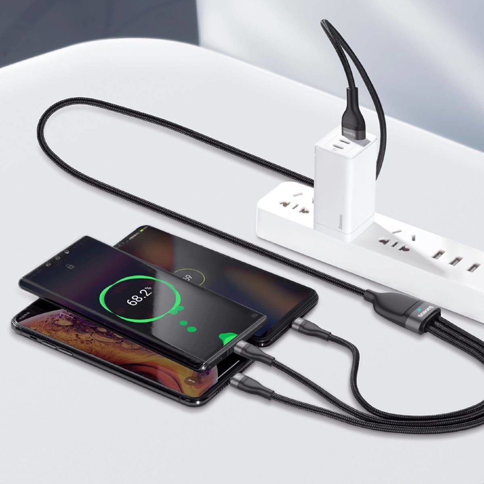 Кабель Baseus Flash One-for-three micro USB+Lightning+Type-C 5A 1.2м Черно-Серый CA1T3-G1 - фото 4