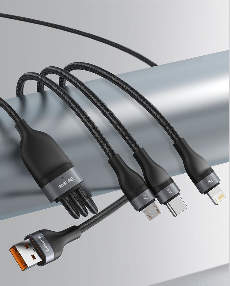 Кабель Baseus Flash One-for-three micro USB+Lightning+Type-C 5A 1.2м Черно-Серый CA1T3-G1