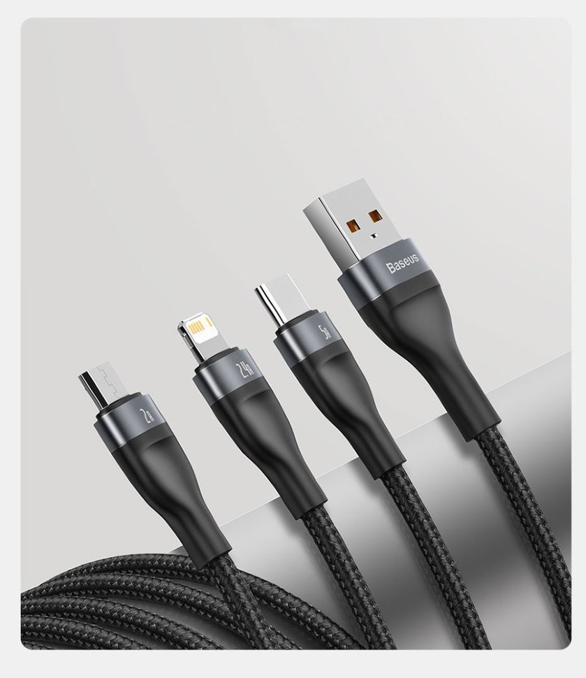 Кабель Baseus Flash One-for-three micro USB+Lightning+Type-C 5A 1.2м Черно-Серый CA1T3-G1 - фото 2