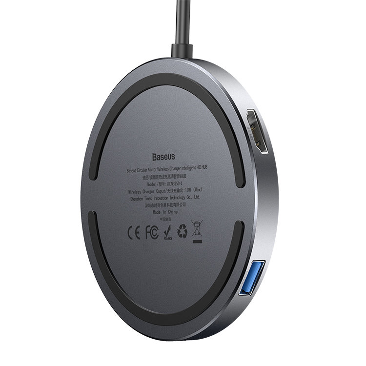 Хаб с беспроводной зарядкой Baseus Circular Mirror (USB х4 + Type-C PD) Серый WXJMY-0G - фото 3