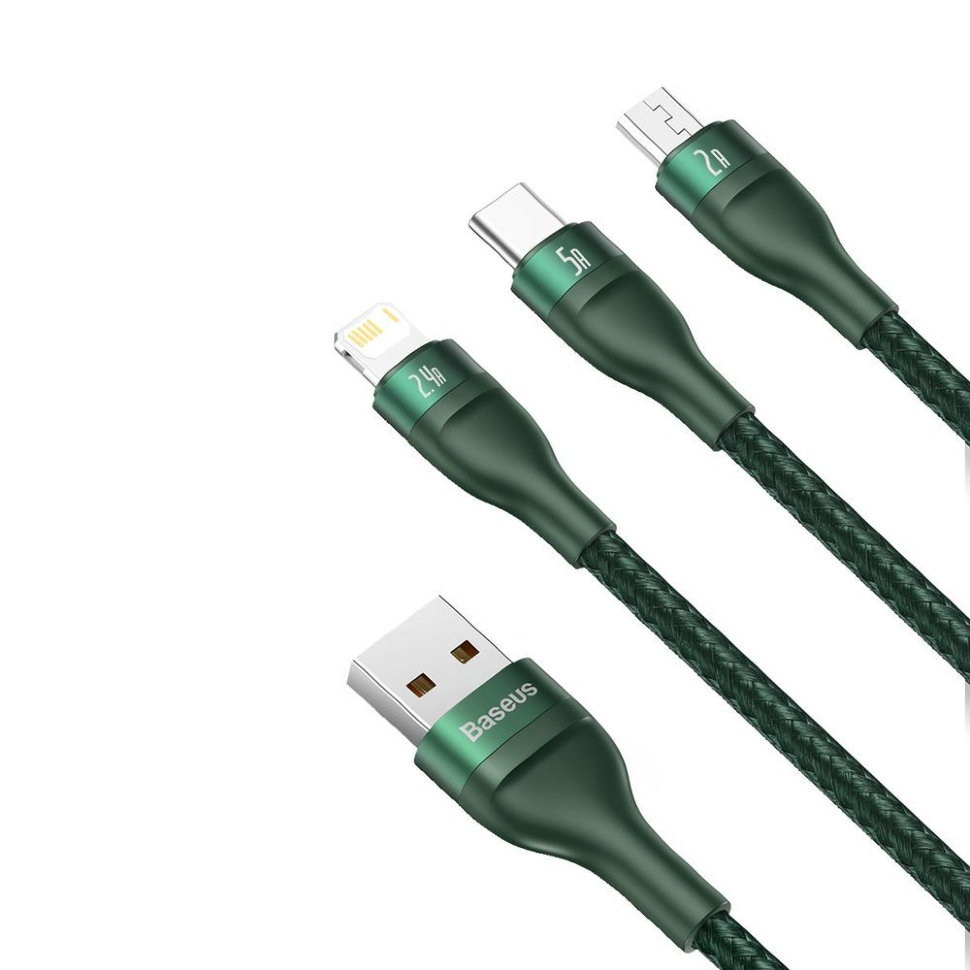 Кабель Baseus Flash One-for-three micro USB+Lightning+Type-C 5A 1.2м Зелёный CA1T3-06 - фото 6