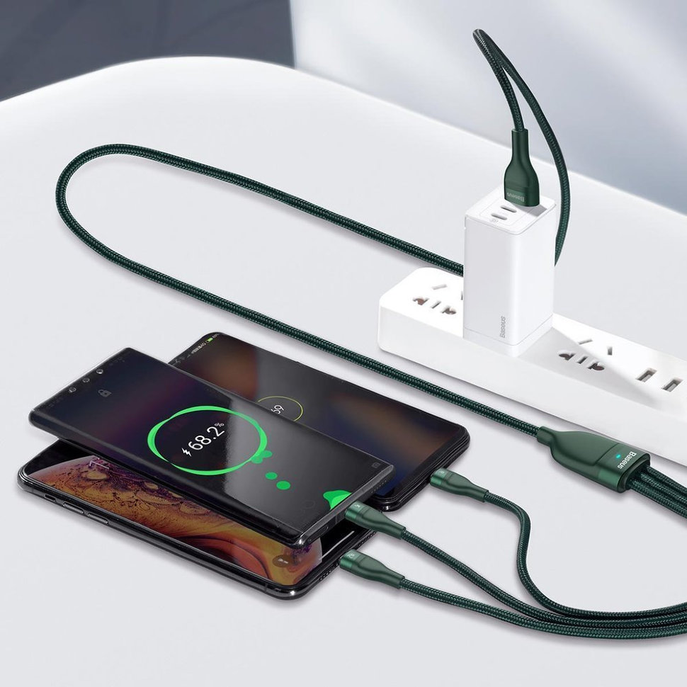 Кабель Baseus Flash One-for-three micro USB+Lightning+Type-C 5A 1.2м Зелёный CA1T3-06 - фото 1