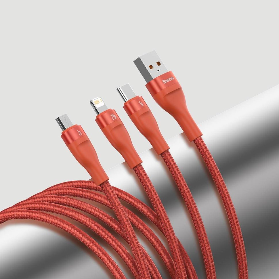 Кабель Baseus Flash One-for-three micro USB+Lightning+Type-C 5A 1.2м Оранжевый CA1T3-07 - фото 2