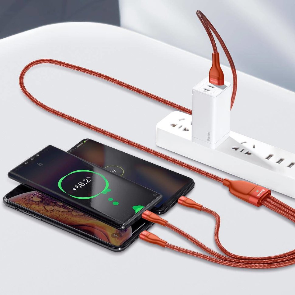 Кабель Baseus Flash One-for-three micro USB+Lightning+Type-C 5A 1.2м Оранжевый CA1T3-07 - фото 5