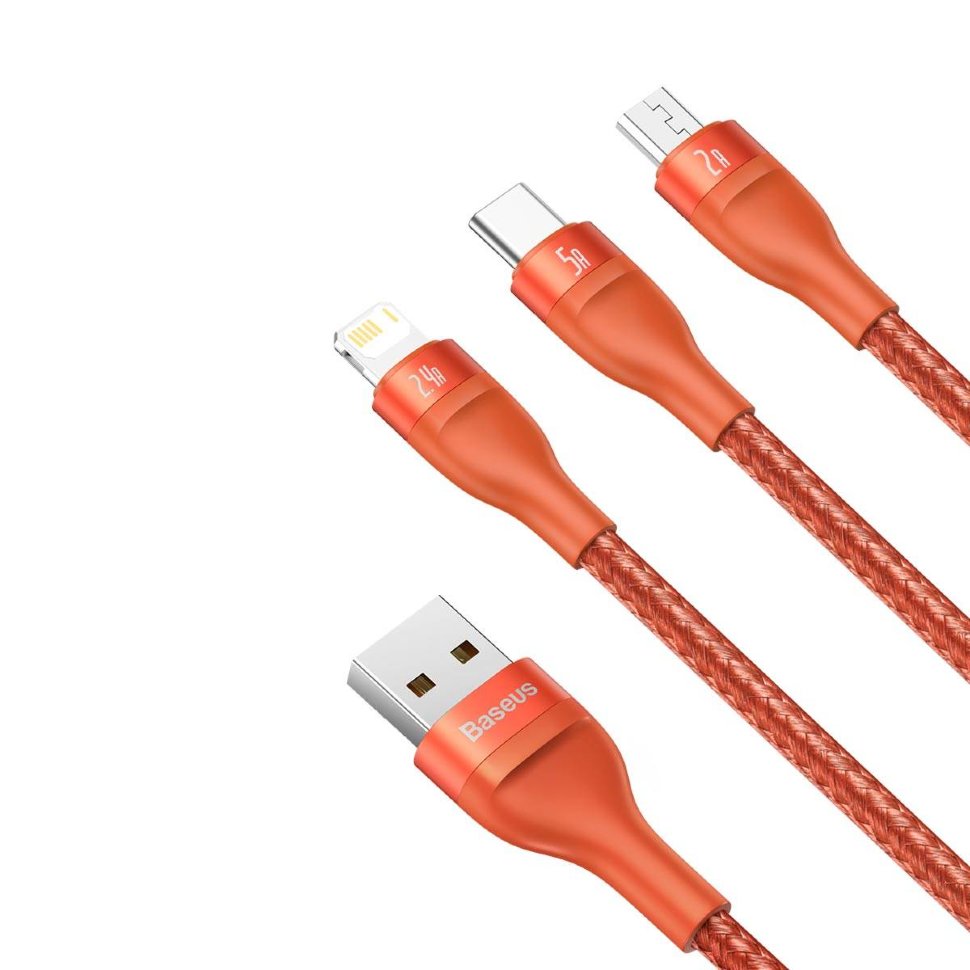 Кабель Baseus Flash One-for-three micro USB+Lightning+Type-C 5A 1.2м Оранжевый CA1T3-07 - фото 6