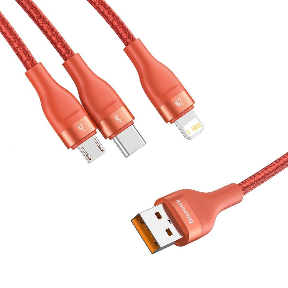 Кабель Baseus Flash One-for-three micro USB+Lightning+Type-C 5A 1.2м Оранжевый CA1T3-07 - фото 9