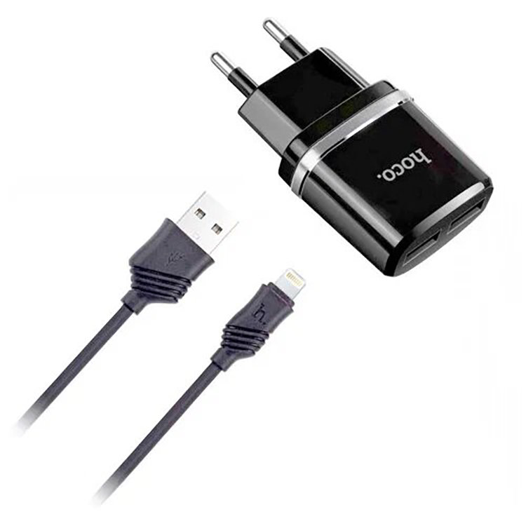 Сетевой адаптер HOCO C12 Smart Чёрный + кабель Lightning 1м зарядное устройство hoco c72a 1usb 5v 2 1a lightning white 114043