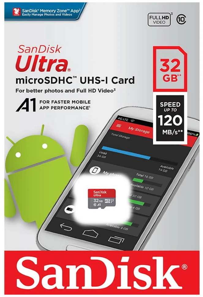 Карта памяти SanDisk 32GB Ultra microSDHC A1, UHS-I Class 1 (U1), Class 10 SDSQUA4-032G-GN6MN wi fi камера laxihub w1 карта памяти 32gb snap 8s