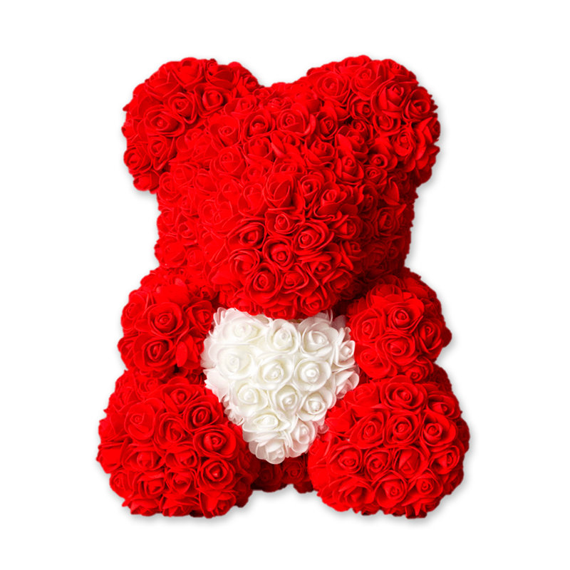Мишка из роз с белым сердцем 25 см Красный