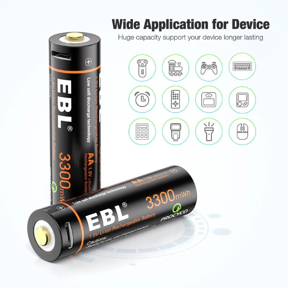 Комплект аккумуляторных батарей EBL USB Rechargeable AA 1.5V 3300mwh (4шт + зарядный кабель) TB-1443 - фото 2