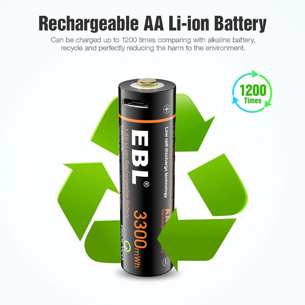 Комплект аккумуляторных батарей EBL USB Rechargeable AA 1.5V 3300mwh (4шт + зарядный кабель) TB-1443 - фото 4