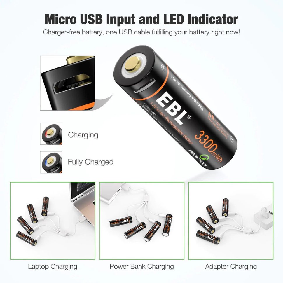 Комплект аккумуляторных батарей EBL USB Rechargeable AA 1.5V 3300mwh (4шт + зарядный кабель) TB-1443 - фото 5
