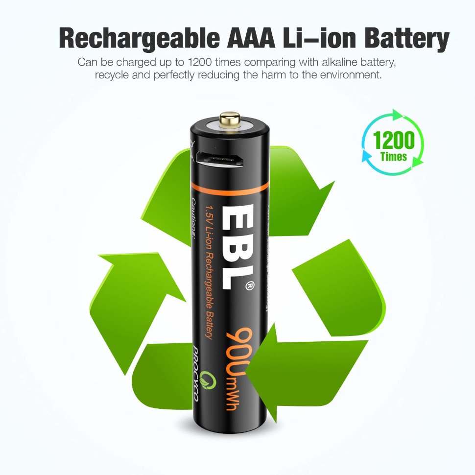 Комплект аккумуляторных батарей EBL USB Rechargeable AAA 1.5V 900mwh (4шт + зарядный кабель) TB-1444 - фото 4