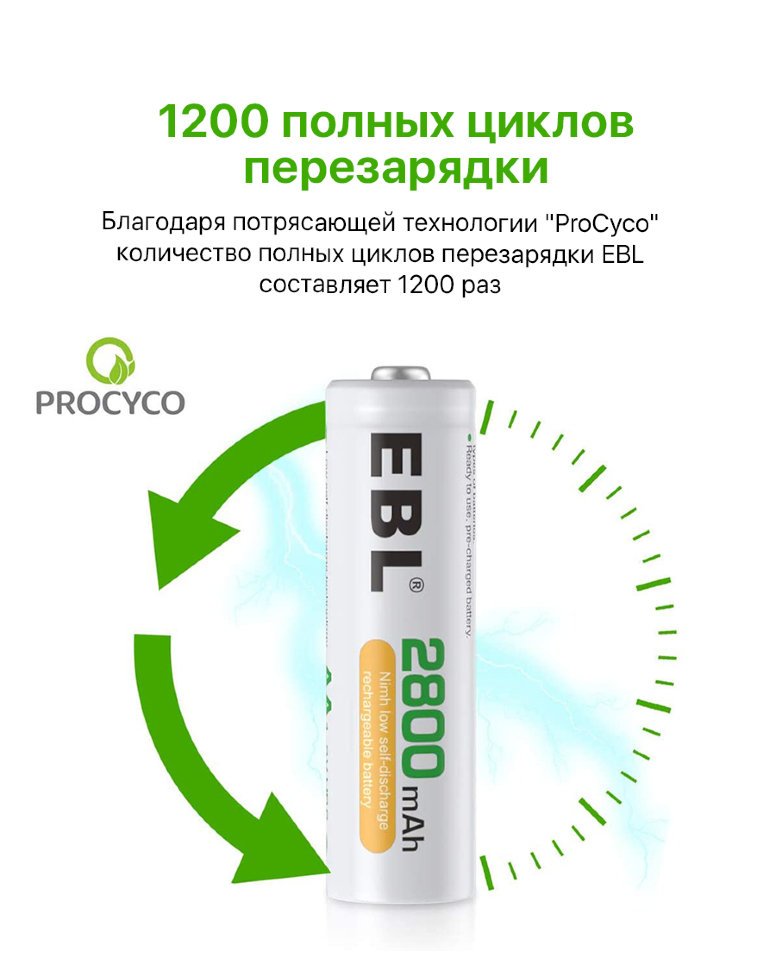 Комплект аккумуляторных батарей EBL AA 2800mAh (8шт) EB-81122 - фото 2
