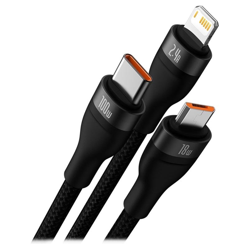 Кабель Baseus Flash Ⅱ One-for-three USB - M+L+C 100W 1.2м Чёрный CASS030001 - фото 2
