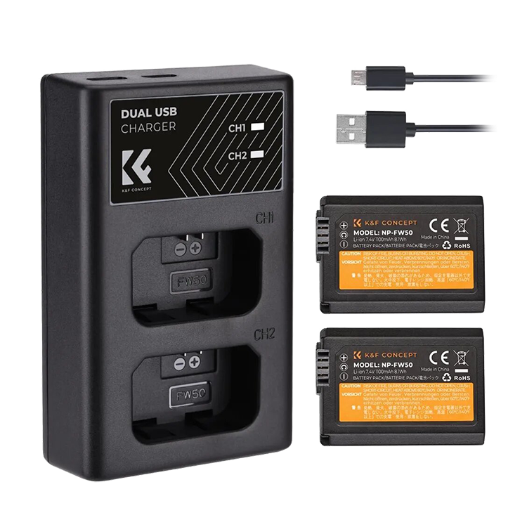 2 аккумулятора NP-FW50 + зарядное устройство K&F Concept KF28.0015 система питания kingma np fw50 bm f980d dr fw50 p kit